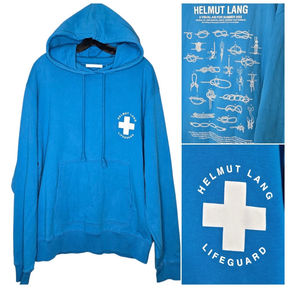 Helmut Lang Lifeguard Knots Hoodie Size XL Turquoise Blue Designer Sweater Mens